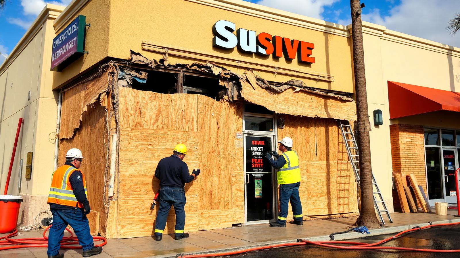 Bayline crew performing commercial storm damage restoration at a Tampa Bay business
