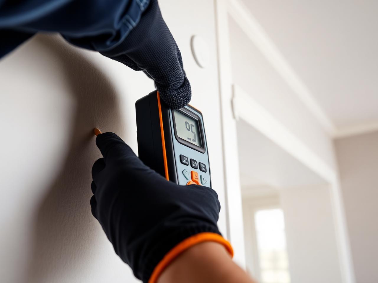 Bayline technician using a moisture meter on drywall in a Tampa Bay home