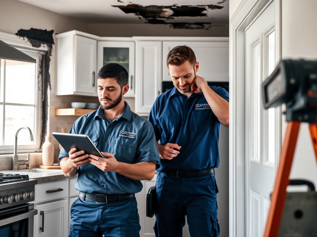 Bayline crew inspecting fire and smoke damage in a Tampa Bay kitchen